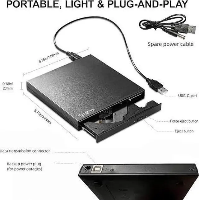Alt view image 6 of 6 - CD DVD Drive, USB-A & USB-C CD Burner for Laptop, PC & Mac | Portable DVD Burner & CD Reader Writer, Play & Burn 2-in-1 External Disc Drive Compatible with Windows, macOS & Linux