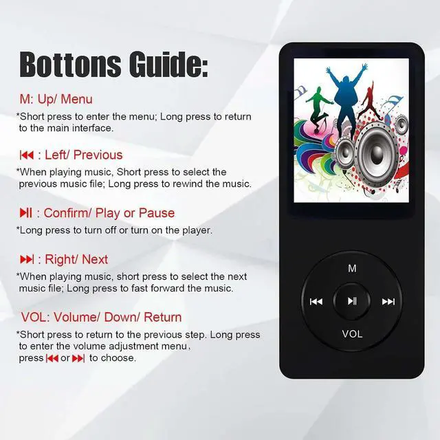 Alt view image 6 of 6 - 64GB MP3 Player with Speaker Earphones Portable Music Player for Kids Support Music/Picture/Video/Voice Recording/E-Book Black