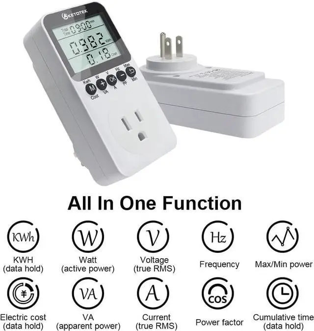 Alt view image 3 of 7 - Watt Meter Power Meter Plug Electricity Usage Monitor for Home, Energy Monitor with LCD Display, Kilowatt Meter Socket Outlet, Voltage Amps Power Consumption Meter, Overload Protection
