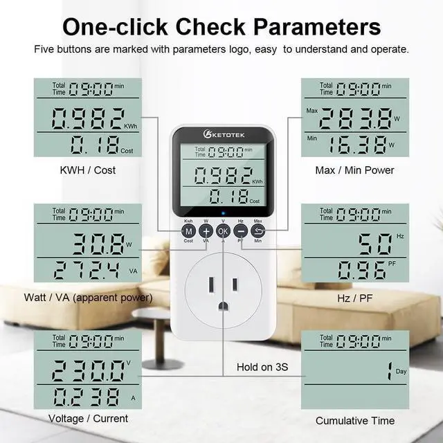 Alt view image 6 of 7 - Watt Meter Power Meter Plug Electricity Usage Monitor for Home, Energy Monitor with LCD Display, Kilowatt Meter Socket Outlet, Voltage Amps Power Consumption Meter, Overload Protection