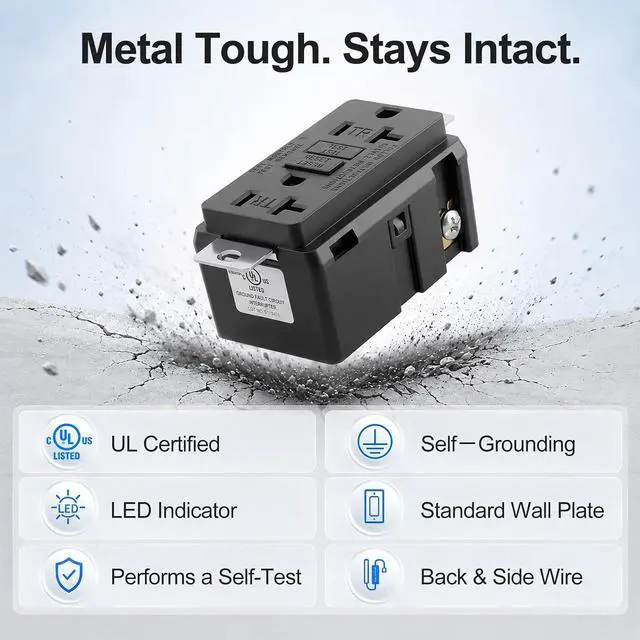 Alt view image 3 of 7 - Baomain Generator GFCI Outlet 20Amp, Industrial Grade Self-Test Ground Fault Circuit Interrupter, Tamper-Resistant Receptacle,Heavy-Duty Receptacle, UL&CUL Certified, Matte Black (1-Pack)