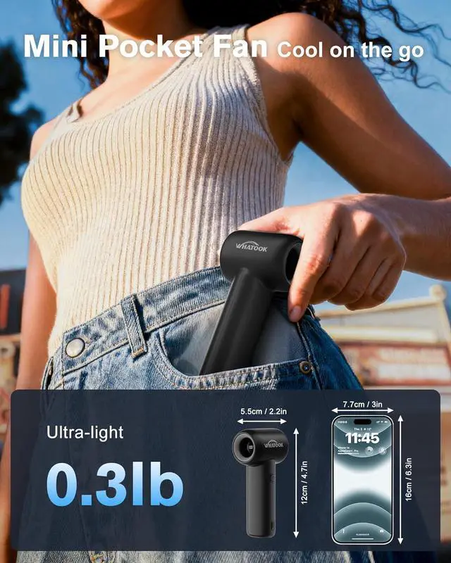 Alt view image 5 of 6 - Portable Handheld Fan, High Speed Turbo Mini Fan with 5 Speeds, 3000mAh USB-C Rechargeable Personal Fan, LED Digital Display, Small Pocket Fan for Travel, Camping, Concerts, Makeup (Black)