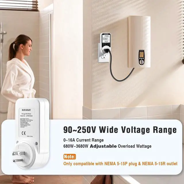 Alt view image 3 of 6 - Outlet Watt Meter, 90-250V Wide Range Power Meter Cost Calculator | Plug-in Electricity Usage Monitor, Large Backlit Display, Overload Protection, Kilowatt, kWh, Voltage, Amp & Wattage Meter