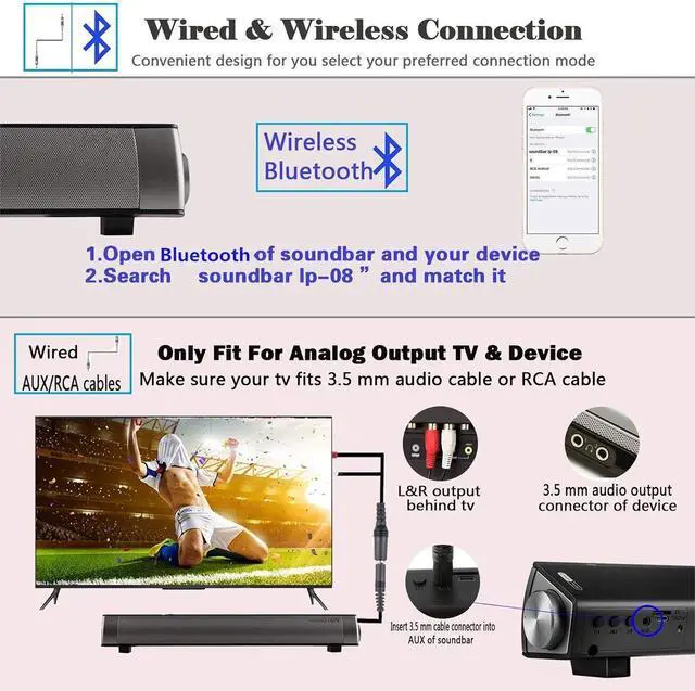 Alt view image 2 of 6 - 2 X 5W Mini Bluetooth Sound Bar, Wired and Wireless Home Theater Audio for Cell Phone/Tablet/Projector and Support TV with AUX/RCA Output