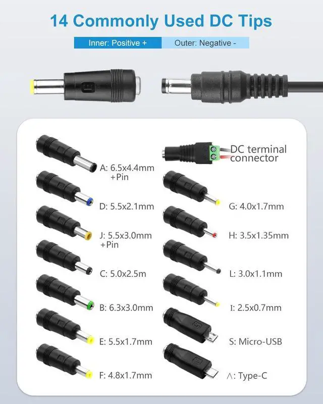 Alt view image 6 of 7 - 12V Power Supply 2A Universal AC Adapter 100-240V 50-60HZ to DC 12 Volt Power Cord 2Amp 1A 6.5FT with 14 Tips for DVD Player External Hard Drive Yamaha Piano Keyboard LED Light Router CCTV