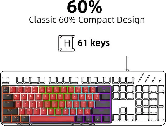 Alt view image 3 of 6 - 60% Wired Mechanical Keyboard (Black-Red, Red Switches)