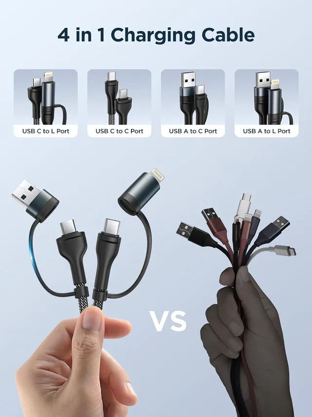 Alt view image 2 of 7 - 4 in 1 Charging Cable, 2Pack 60W USB C to Lightning Cable 6.6FT, USB A/C to C/Lightning Multi Charging Cable Fast Charging for iPhone 16 15 14 13 12 Pro Max/iPad Pro/Samsung S25 S24/Switch 2, Grey