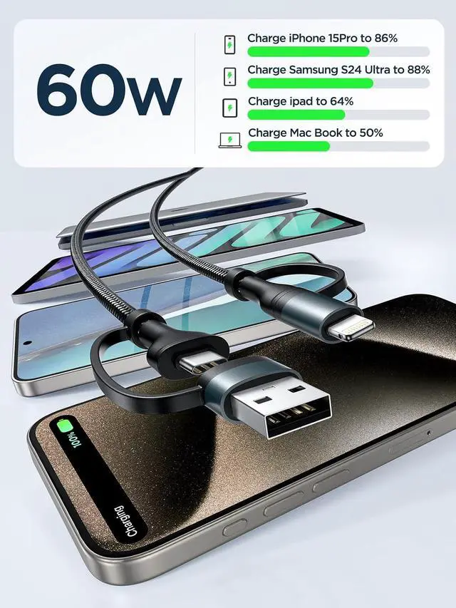 Alt view image 6 of 7 - 4 in 1 Charging Cable, 2Pack 60W USB C to Lightning Cable 6.6FT, USB A/C to C/Lightning Multi Charging Cable Fast Charging for iPhone 16 15 14 13 12 Pro Max/iPad Pro/Samsung S25 S24/Switch 2, Grey