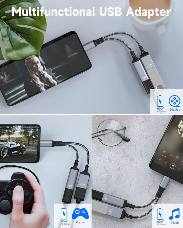 Alt view image 4 of 7 - 2-in-1 USB C OTG Adapter and Charger, Type C OTG Charging Adapter with 60W PD Fast Charging, USB C Splitter OTG Cable Compatible with iPad, iPhone 15 16 17, Samsung, Pixel, Chromecast