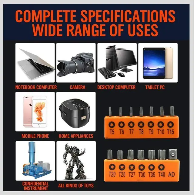 Alt view image 2 of 7 - 14-Piece Tamper Resistant Star Bits, S2 Alloy Steel, T5 - T40 Security Torx Bit Set