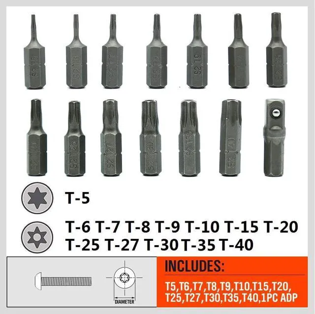 Alt view image 5 of 7 - 14-Piece Tamper Resistant Star Bits, S2 Alloy Steel, T5 - T40 Security Torx Bit Set