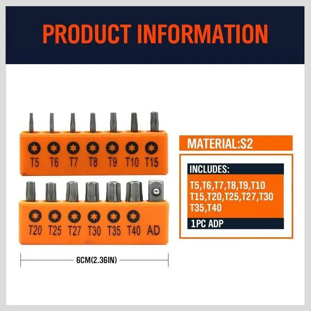 Alt view image 7 of 7 - 14-Piece Tamper Resistant Star Bits, S2 Alloy Steel, T5 - T40 Security Torx Bit Set