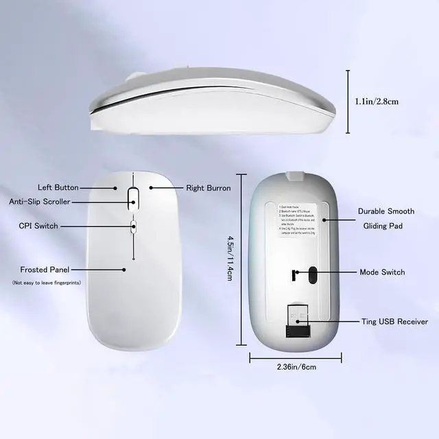 Alt view image 5 of 7 - Wireless Bluetooth Mouse Rechargeable Laptop Mice Silent Slim Use(BT5.2 and 2.4G Portable USB Receiver) Dual Mode Computer Mouse for Laptop/iPad/Tablet/Apple/Computer/Mac(Bright White)
