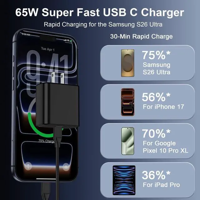 Alt view image 3 of 7 - 65W Super Fast Charger Type C for Samsung Galaxy S26 Ultra S26+ S26 S25 FE S25 Ultra S24 S23 S22 S21 A57 A56 A37 A36 A17 A16 A15 A14 5G, USB C Power Adapter Fast Charging Block Android Phone Charger