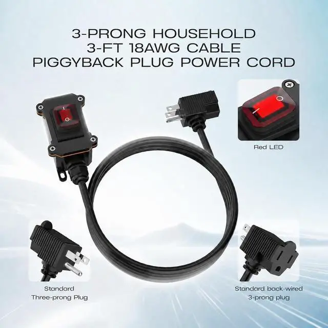 Alt view image 3 of 7 - Inline Cord Switch with 4ft 18AWG, 3-Prong Cable Piggyback Plug Power Cord IP67 Waterproof Extension Cord with On/Off Outdoor Light Sturdy and Durable Switch 16A-250V 20A-125V