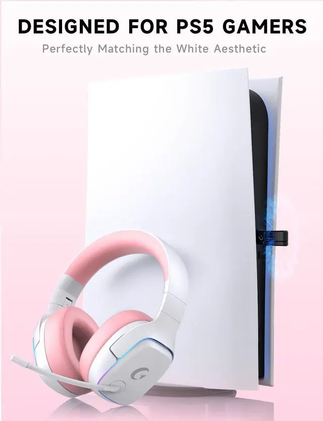Alt view image 2 of 7 - 2.4GHz Wireless Gaming Headsets for PS5, PS4, PC, Switch - Bluetooth 5.3 Gaming Headphones with Noise Canceling Mic, 7.1 Surround Sound, 70H Battery, RGB Lighting - Pink
