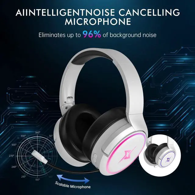 Alt view image 4 of 7 - 2.4G Wireless Gaming Headset for PC, PS4, PS5, Switch, Mac,Mobile- Rotatable & Foldable Bluetooth V5.3 Headphone-20h Battery & RGB Light-Memory Ear Pads-Stretchable Noise Cancelling