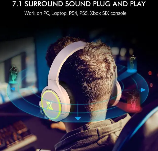 Alt view image 3 of 7 - 2.4G Wireless Gaming Headset for PC, PS4, PS5, Switch, Mac,Mobile- Rotatable & Foldable Bluetooth V5.3 Headphone-20h Battery & RGB Light-Memory Ear Pads-Stretchable Noise Cancelling