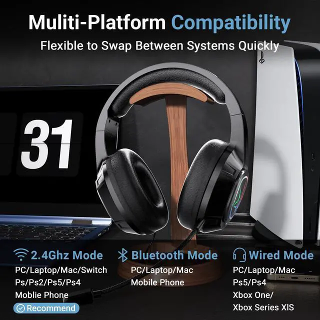 Alt view image 5 of 7 - 2.4GHz Wireless Gaming Headset for PC,Ps4, Ps5-Lossless Audio USB & Type-C,Wired Connection Supported,7.1 Surround Sound,40-Hour Battery, LED Light Over Bluetooth 5.3 Gaming Headphones-Black