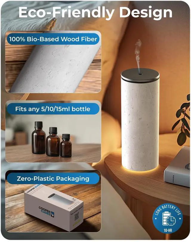 Alt view image 4 of 7 - Cooper Bliss Waterless Diffuser for Essential Oils, Pure Aroma Zero Water, Cordless 10-hr Battery Operated Oil Diffuser Machine, Adjustable Scent & Timer, Ambient Light, 100% Bio-Fiber Wood (White)