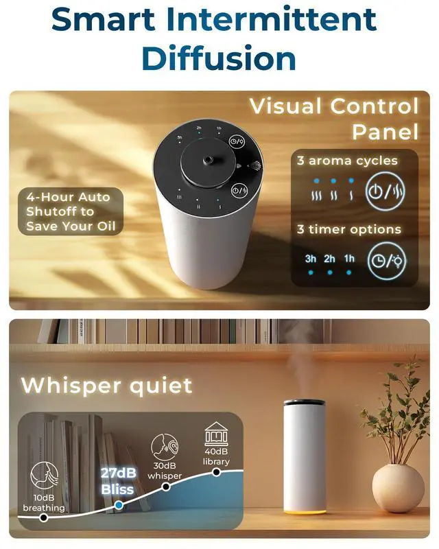 Alt view image 3 of 7 - Cooper Bliss Waterless Diffuser for Essential Oils, Pure Aroma Zero Water, Cordless 10-hr Battery Operated Oil Diffuser Machine, Adjustable Scent & Timer, Ambient Light, 100% Bio-Fiber Wood (White)