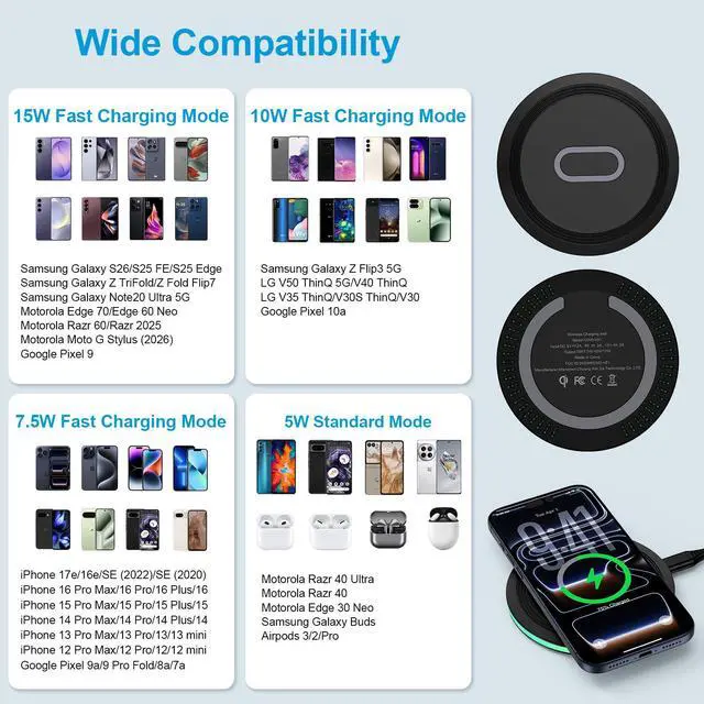Alt view image 6 of 7 - 15W Wireless Charger Fast Charging Pad for Samsung Galaxy S26 S25 FE Edge Plus Ultra S25+ S24 S23 Ultra Z Flip/Fold 7 6, Wireless Charger Station for Google Pixel 10 9 8a, iPhone 17 16 15 Pro, Black