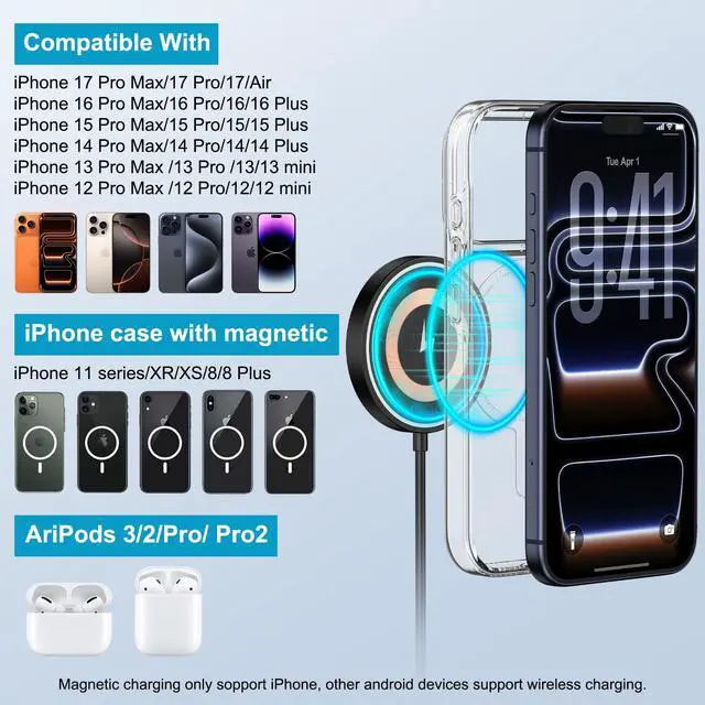 Alt view image 3 of 7 - Magnetic Charger Samsung Wireless Charger Fast Charging Pad for Samsung Galaxy S26 Ultra S25 S24 FE,15W USB-C/A Magsafe Wireless Charger Pad for Android iPhone 17e 17 16e 16 15 Pro Max AirPods Pro 4-2