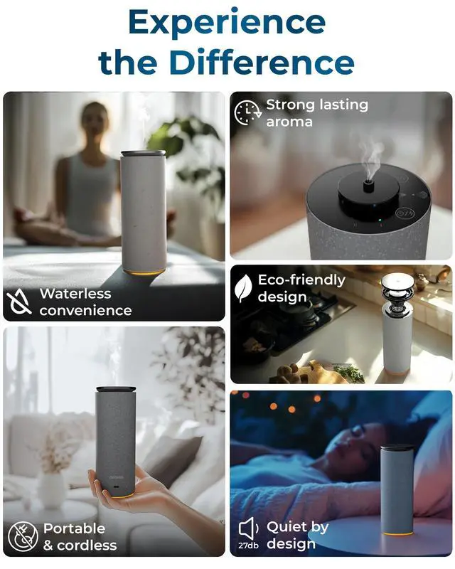 Alt view image 6 of 7 - Cooper Bliss Waterless Diffuser for Essential Oils, Pure Aroma Zero Water, Cordless 10-hr Battery Operated Oil Diffuser Machine, Adjustable Scent & Timer, Ambient Light, 100% Bio-Fiber Wood (White)