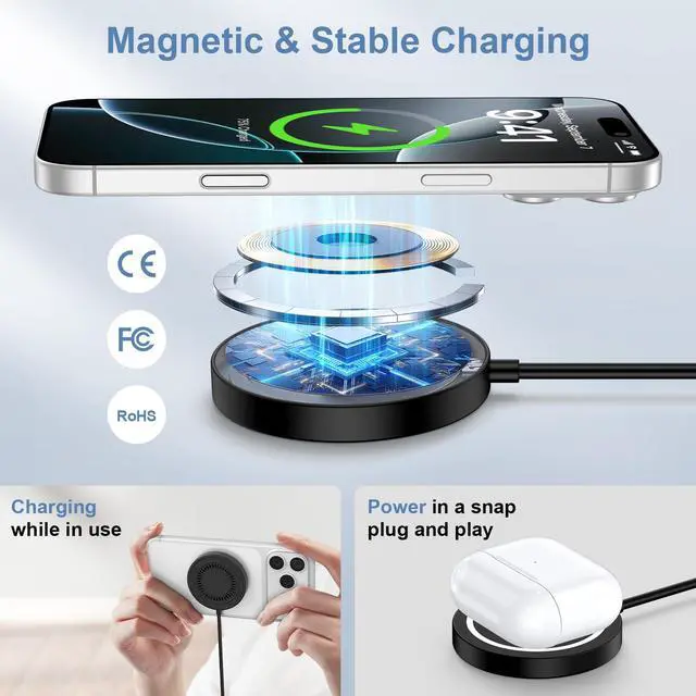 Alt view image 3 of 7 - 15W Magnetic Wireless Charger for Samsung Fast Charging Pad for Android Samsung Galaxy S26 Plus/S26 Ultra/S25/S24/S23/S22/S21/Magnetic MagSafe Charging Pad with Dual Ports for iPhone 17/16/15/14/13/12