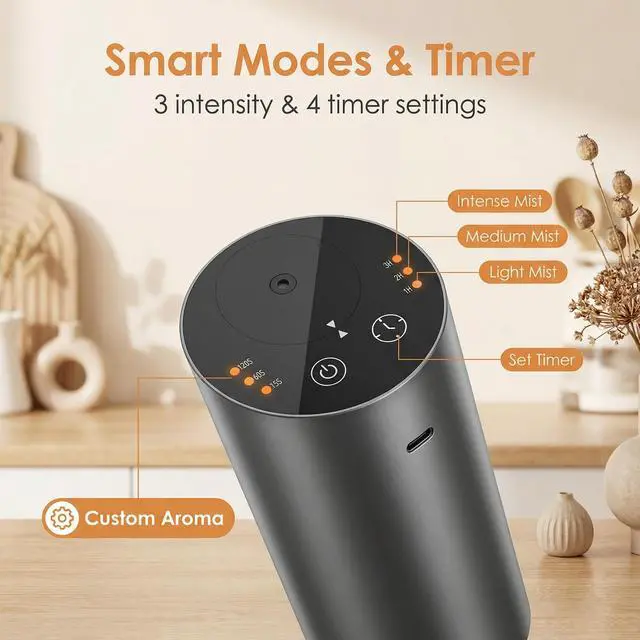 Alt view image 4 of 7 - Car Diffuser, Waterless Essential Oil Diffuser with 2000mAh Battery & Timer, Adjustable Mist Cordless Aromatherapy for Car, Portable Air Freshener with Premium Aluminum Alloy & Type-C Charging(Grey)