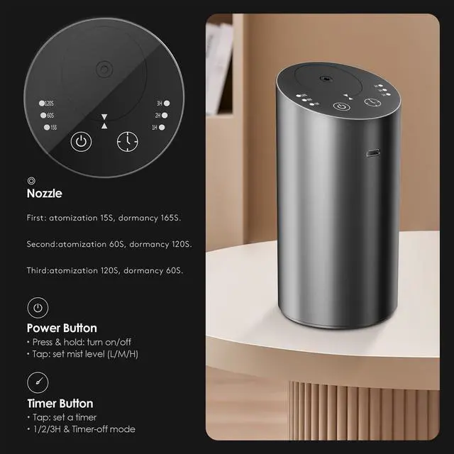 Alt view image 7 of 7 - Car Diffuser, Waterless Essential Oil Diffuser with 2000mAh Battery & Timer, Adjustable Mist Cordless Aromatherapy for Car, Portable Air Freshener with Premium Aluminum Alloy & Type-C Charging(Grey)