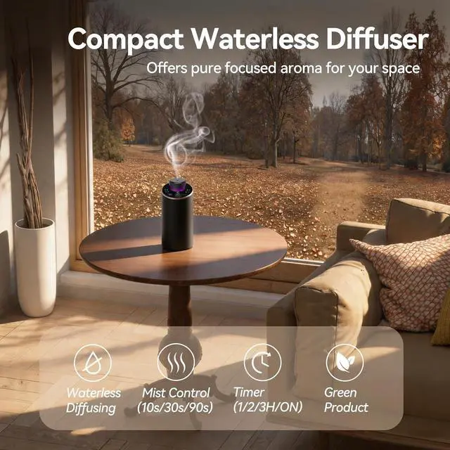 Alt view image 2 of 7 - Waterless Essential Oil Diffuser Aromatherapy Scent Diffusers for Home Large Room, Bedroom, Car, Office, Desk, Battery Operated Mini Portable Air Freshener, 3 Countdown Timers & 3 Mist Levels