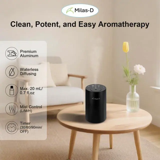 Alt view image 2 of 6 - Waterless Essential Oil Diffuser, Battery Operated Nebulizer with 3-Timers & 3 Mist Levels, 0.7 fl.oz./20ml, Mini Scent Air Machine, Home Car Office Studio, Portable & Rechargeable, Milas-D, Black