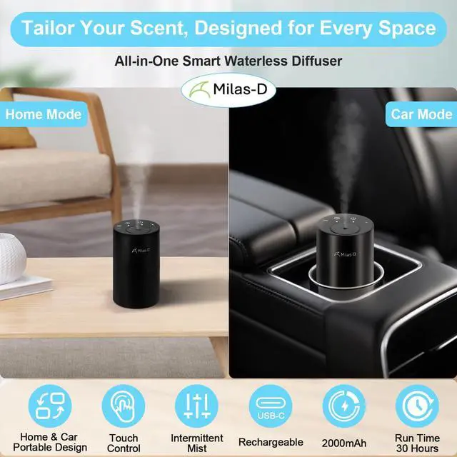 Alt view image 3 of 6 - Waterless Essential Oil Diffuser, Battery Operated Nebulizer with 3-Timers & 3 Mist Levels, 0.7 fl.oz./20ml, Mini Scent Air Machine, Home Car Office Studio, Portable & Rechargeable, Milas-D, Black
