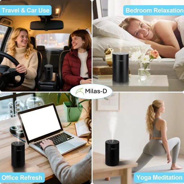 Alt view image 5 of 6 - Waterless Essential Oil Diffuser, Battery Operated Nebulizer with 3-Timers & 3 Mist Levels, 0.7 fl.oz./20ml, Mini Scent Air Machine, Home Car Office Studio, Portable & Rechargeable, Milas-D, Black