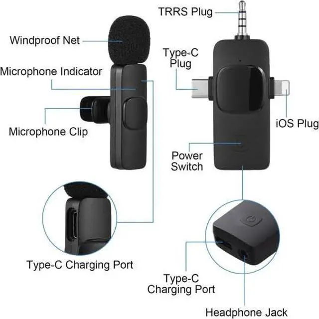 Alt view image 2 of 5 - 3 in 1 Wireless Lavalier Microphones for iPhone, iPad, Android, Camera, USB-C, 2.4GHz, Noise cancelation/Reduction, 70ft Range, for Video Recording, Live Streaming, Vlog, YouTube, TikTok
