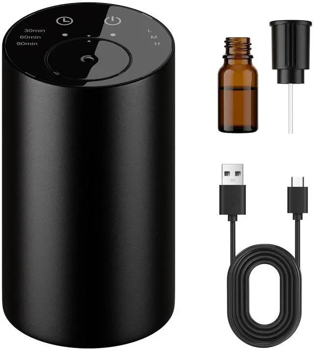 Main image of Waterless Essential Oil Diffuser, Portable Cordless Aromatherapy with 3 Timers & Mist Levels, Rechargeable for Home Car Office, Premium Metal Black