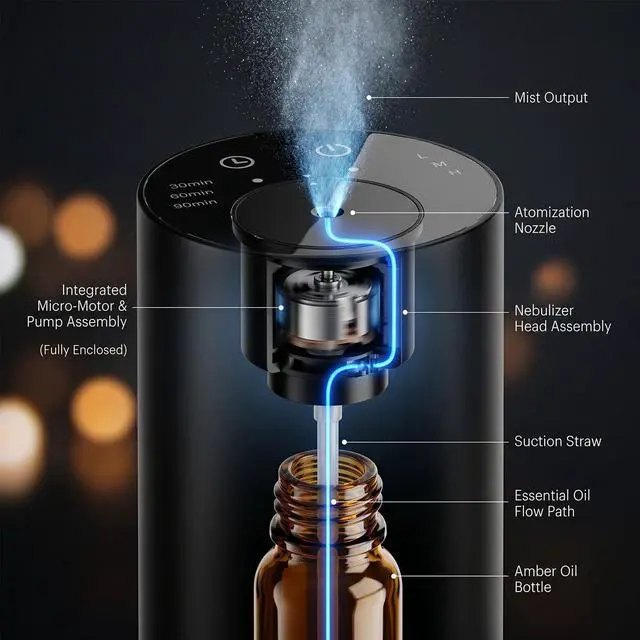 Alt view image 3 of 5 - Waterless Essential Oil Diffuser, Portable Cordless Aromatherapy with 3 Timers & Mist Levels, Rechargeable for Home Car Office, Premium Metal Black
