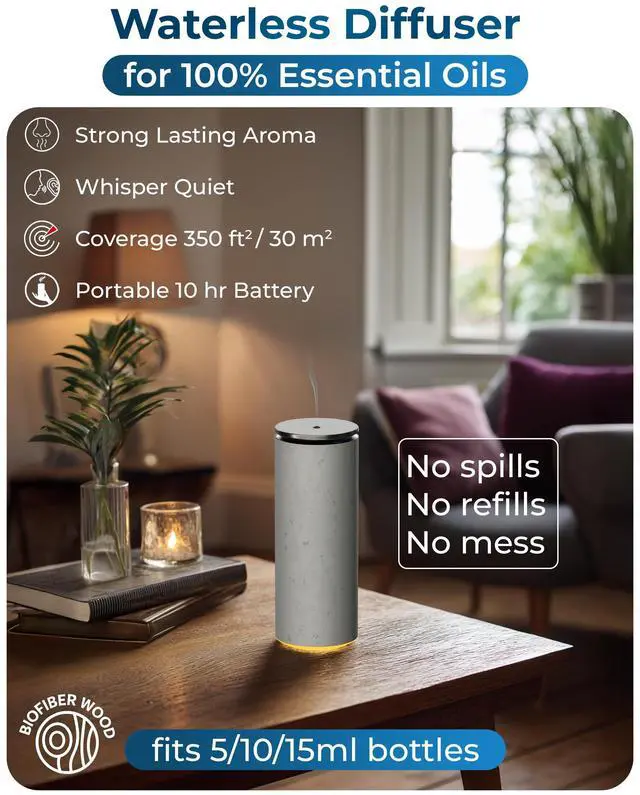 Alt view image 2 of 7 - Cooper Bliss Waterless Diffuser for Essential Oils, Pure Aroma Zero Water, Cordless 10-hr Battery Operated Oil Diffuser Machine, Adjustable Scent & Timer, Ambient Light, 100% Bio-Fiber Wood (White)