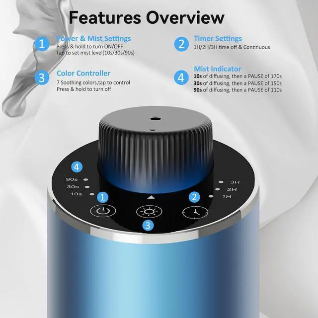 Alt view image 3 of 7 - Waterless Essential Oil Diffuser Aromatherapy Scent Diffusers for Home Large Room, Bedroom, Car, Office, Desk, Battery Operated Mini Portable Air Freshener, 3 Countdown Timers & 3 Mist Levels