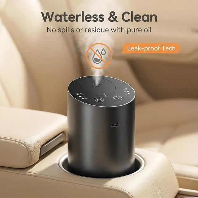 Alt view image 2 of 7 - Car Diffuser, Waterless Essential Oil Diffuser with 2000mAh Battery & Timer, Adjustable Mist Cordless Aromatherapy for Car, Portable Air Freshener with Premium Aluminum Alloy & Type-C Charging(Grey)