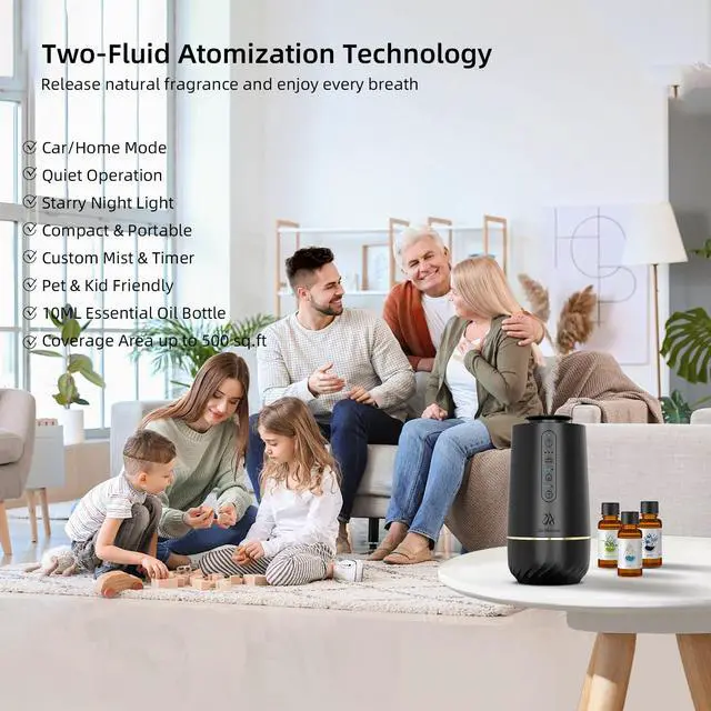 Alt view image 2 of 7 - Waterless Oil Diffuser, Portable Car Diffusers for Essential Oils, Wireless Diffusers with 3 Mist Levels & Timer, ABS Material, Starry Night Light for Car Home Office, Includes 3 Scent Oils