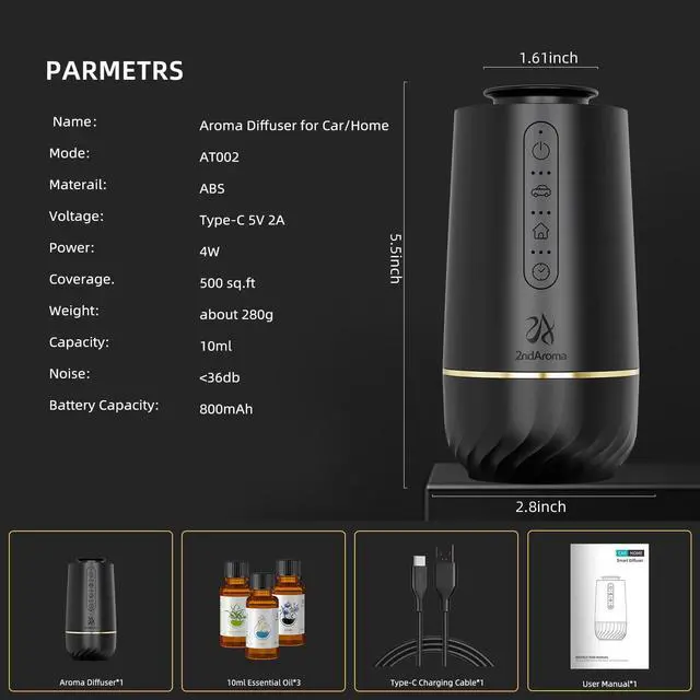 Alt view image 7 of 7 - Waterless Oil Diffuser, Portable Car Diffusers for Essential Oils, Wireless Diffusers with 3 Mist Levels & Timer, ABS Material, Starry Night Light for Car Home Office, Includes 3 Scent Oils