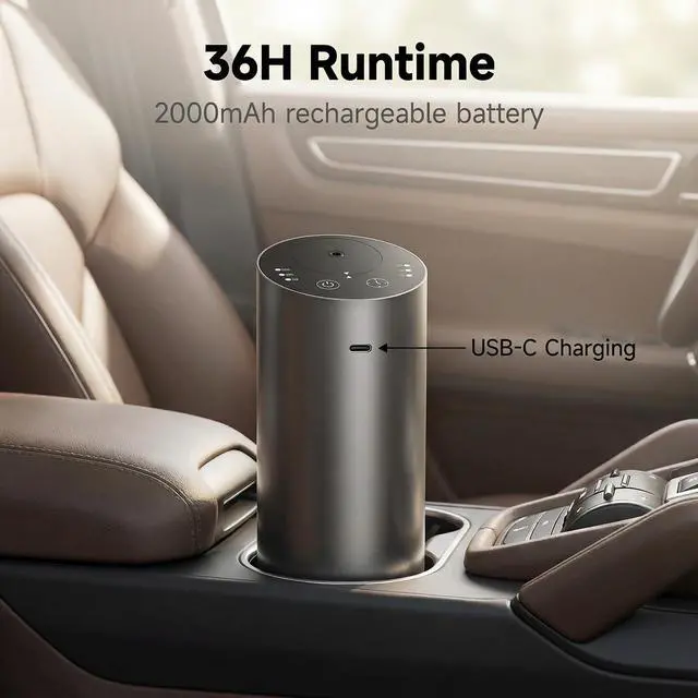 Alt view image 6 of 7 - Car Diffuser, Waterless Essential Oil Diffuser with 2000mAh Battery & Timer, Adjustable Mist Cordless Aromatherapy for Car, Portable Air Freshener with Premium Aluminum Alloy & Type-C Charging(Grey)