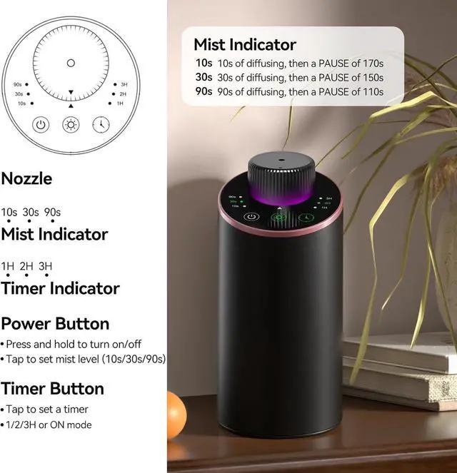 Alt view image 3 of 7 - Waterless Essential Oil Diffuser Aromatherapy Scent Diffusers for Home Large Room, Bedroom, Car, Office, Desk, Battery Operated Mini Portable Air Freshener, 3 Countdown Timers & 3 Mist Levels