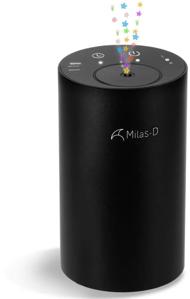 Main image of Waterless Essential Oil Diffuser, Battery Operated Nebulizer with 3-Timers & 3 Mist Levels, 0.7 fl.oz./20ml, Mini Scent Air Machine, Home Car Office Studio, Portable & Rechargeable, Milas-D, Black