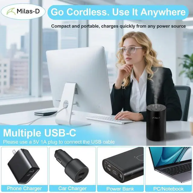 Alt view image 6 of 6 - Waterless Essential Oil Diffuser, Battery Operated Nebulizer with 3-Timers & 3 Mist Levels, 0.7 fl.oz./20ml, Mini Scent Air Machine, Home Car Office Studio, Portable & Rechargeable, Milas-D, Black