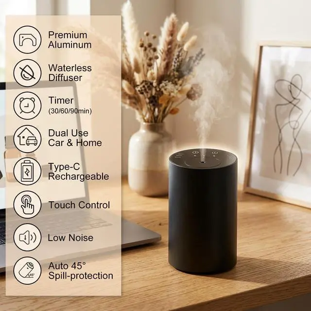 Alt view image 2 of 5 - Waterless Essential Oil Diffuser, Portable Cordless Aromatherapy with 3 Timers & Mist Levels, Rechargeable for Home Car Office, Premium Metal Black