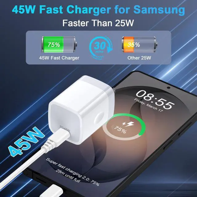 Alt view image 2 of 7 - 45W Super Fast Charger Samsung Galaxy S26 Ultra USB-C Charging Block with Type C Android Charger Cable for Samsung Galaxy S26 Plus/S25 Ultra/S25/S24/S23/S22/S21/S20/A37/A17/A16/A15/iPhone 17e/17/16/15