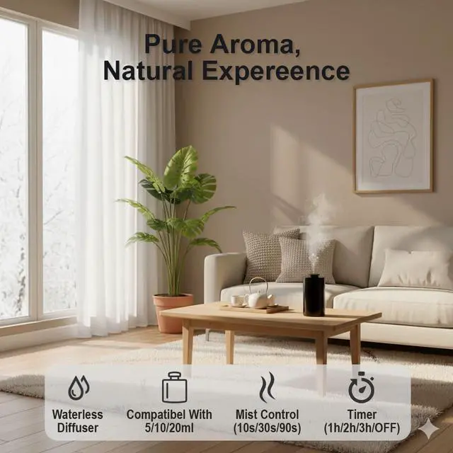 Alt view image 2 of 6 - Waterless Essential Oil Diffuser with 20ml Capacity, Cordless Diffusers with 3 Mist Levels & Timers for Home Car Office